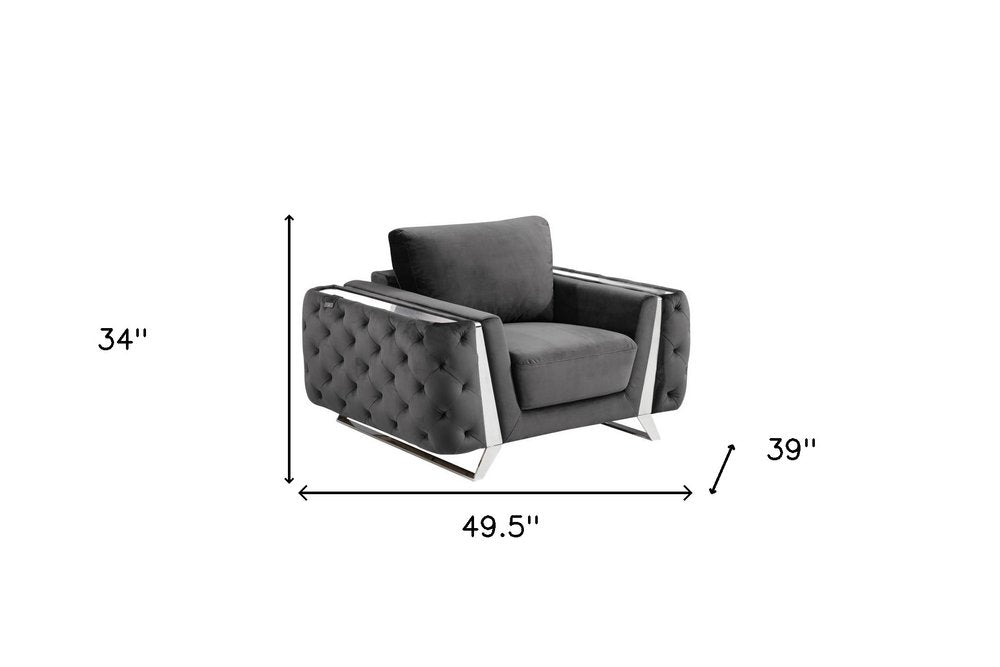 50" Dark Gray And Silver Velvet Tufted Club Chair