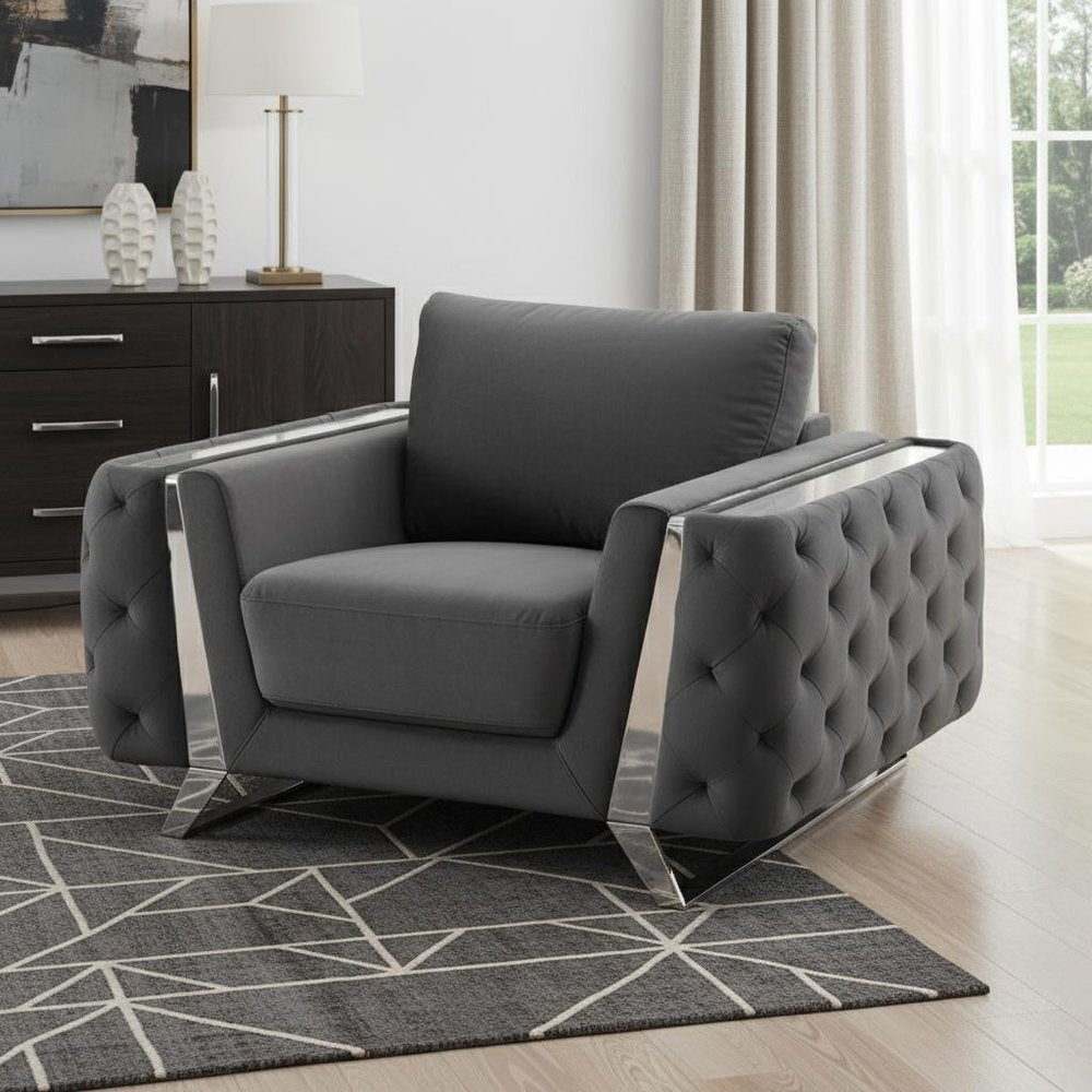 50" Dark Gray And Silver Velvet Tufted Club Chair