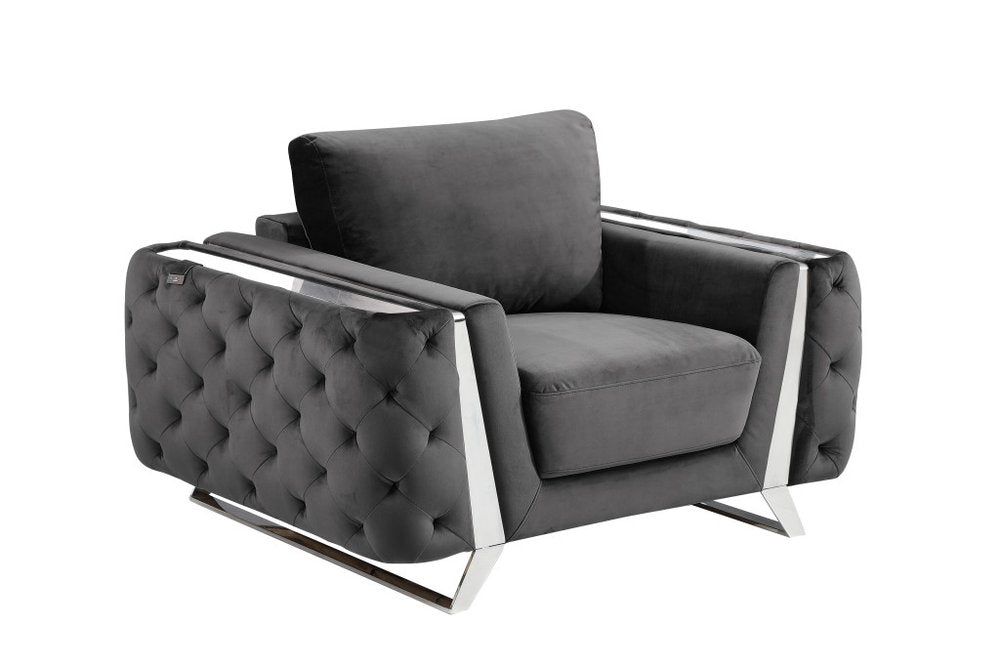 50" Dark Gray And Silver Velvet Tufted Club Chair