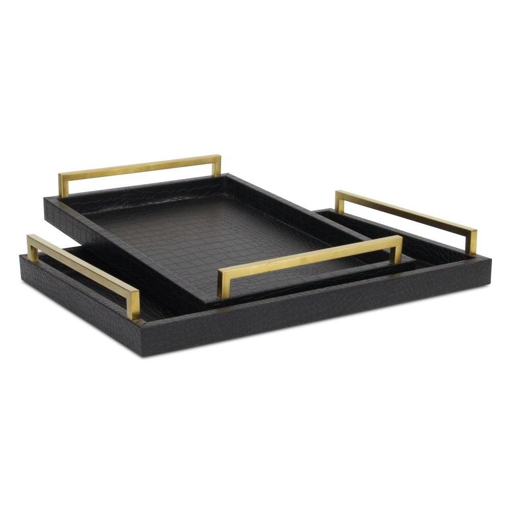 Set of Two Black Wood Faux Croc Serving Trays With Handles