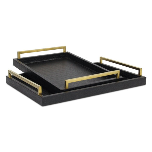 Set of Two Black Wood Faux Croc Serving Trays With Handles