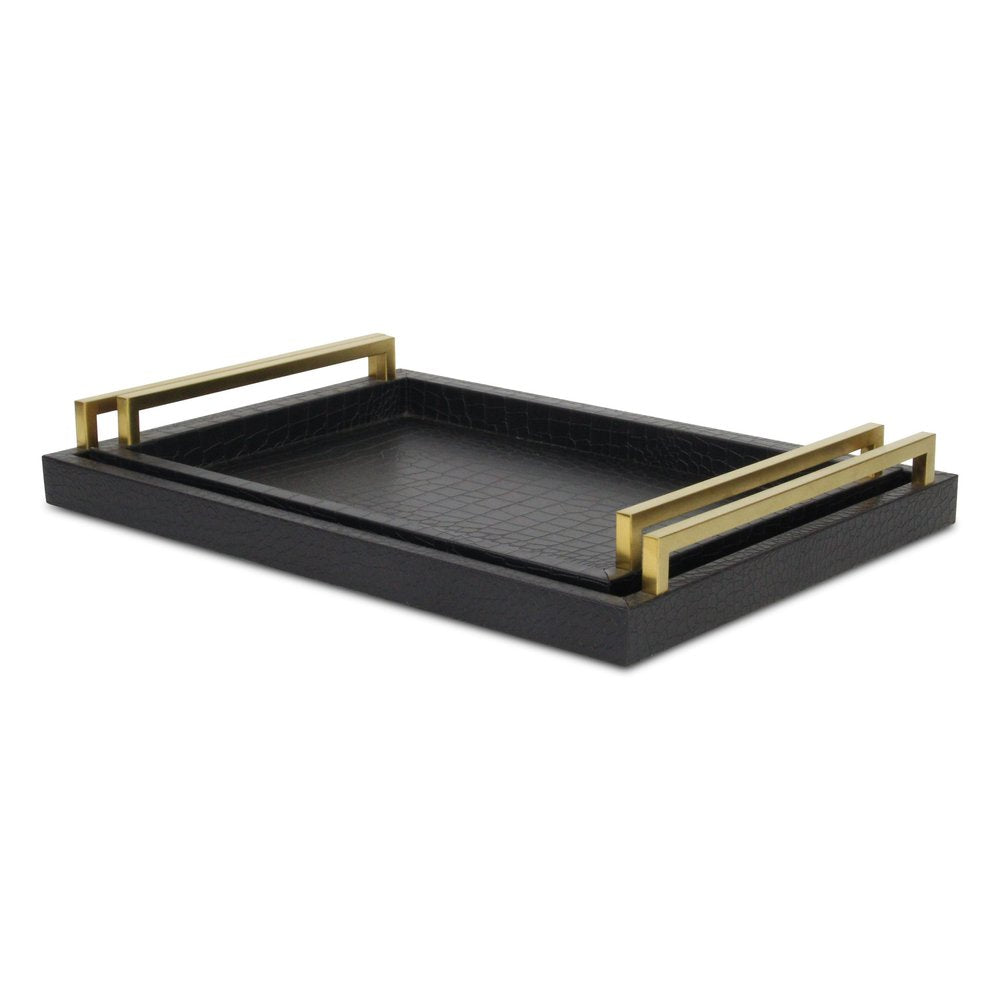 Set of Two Black Wood Faux Croc Serving Trays With Handles