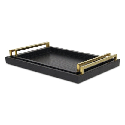 Set of Two Black Wood Faux Croc Serving Trays With Handles