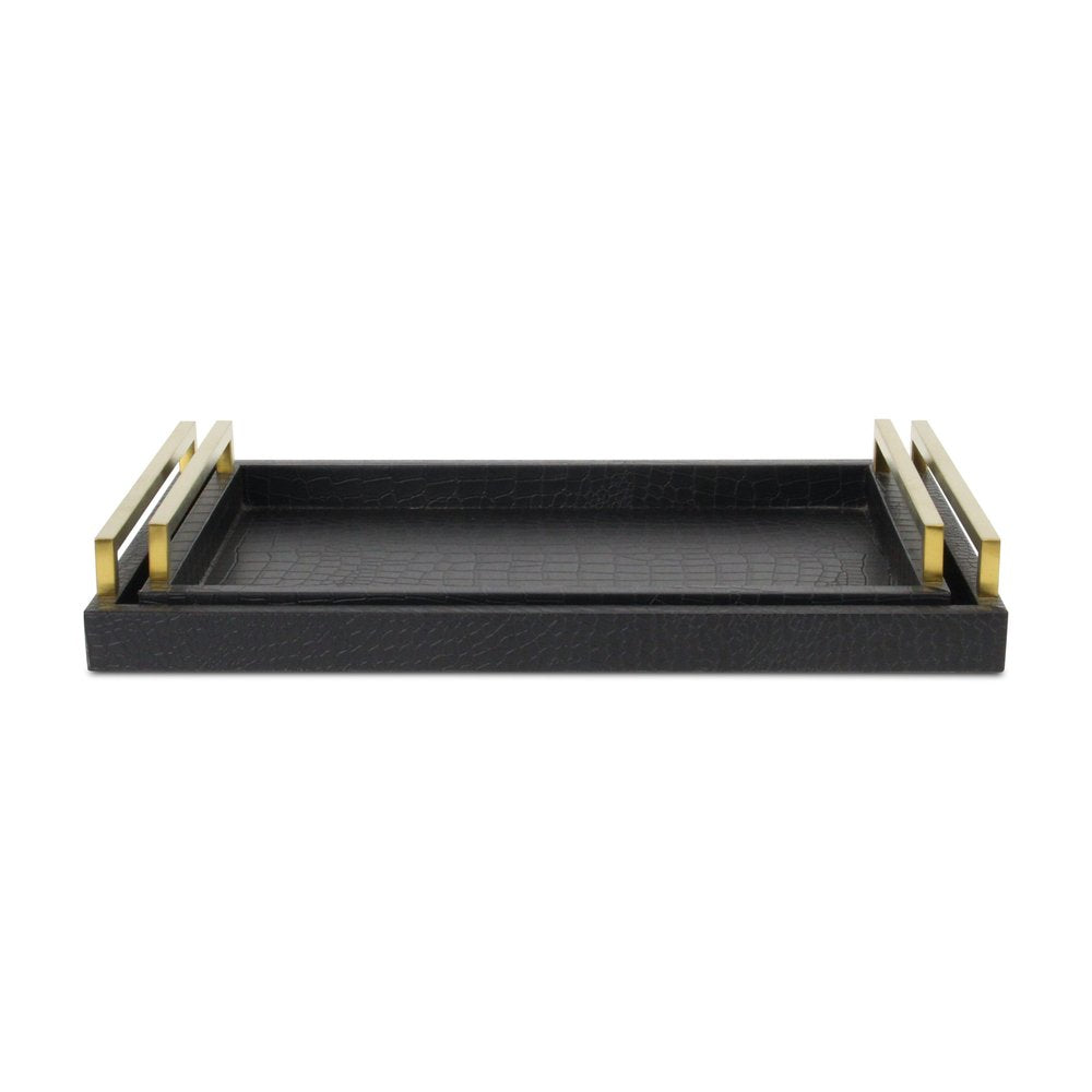Set of Two Black Wood Faux Croc Serving Trays With Handles