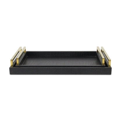 Set of Two Black Wood Faux Croc Serving Trays With Handles