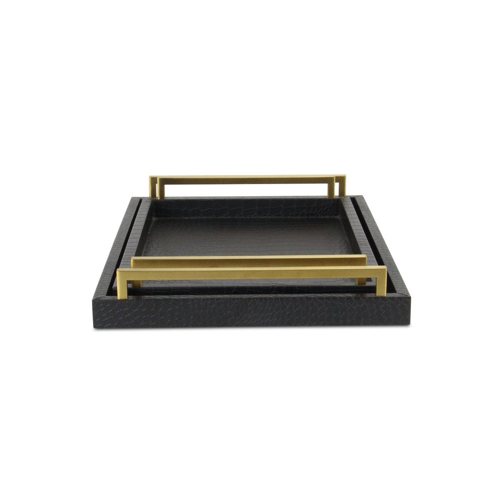 Set of Two Black Wood Faux Croc Serving Trays With Handles