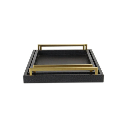 Set of Two Black Wood Faux Croc Serving Trays With Handles
