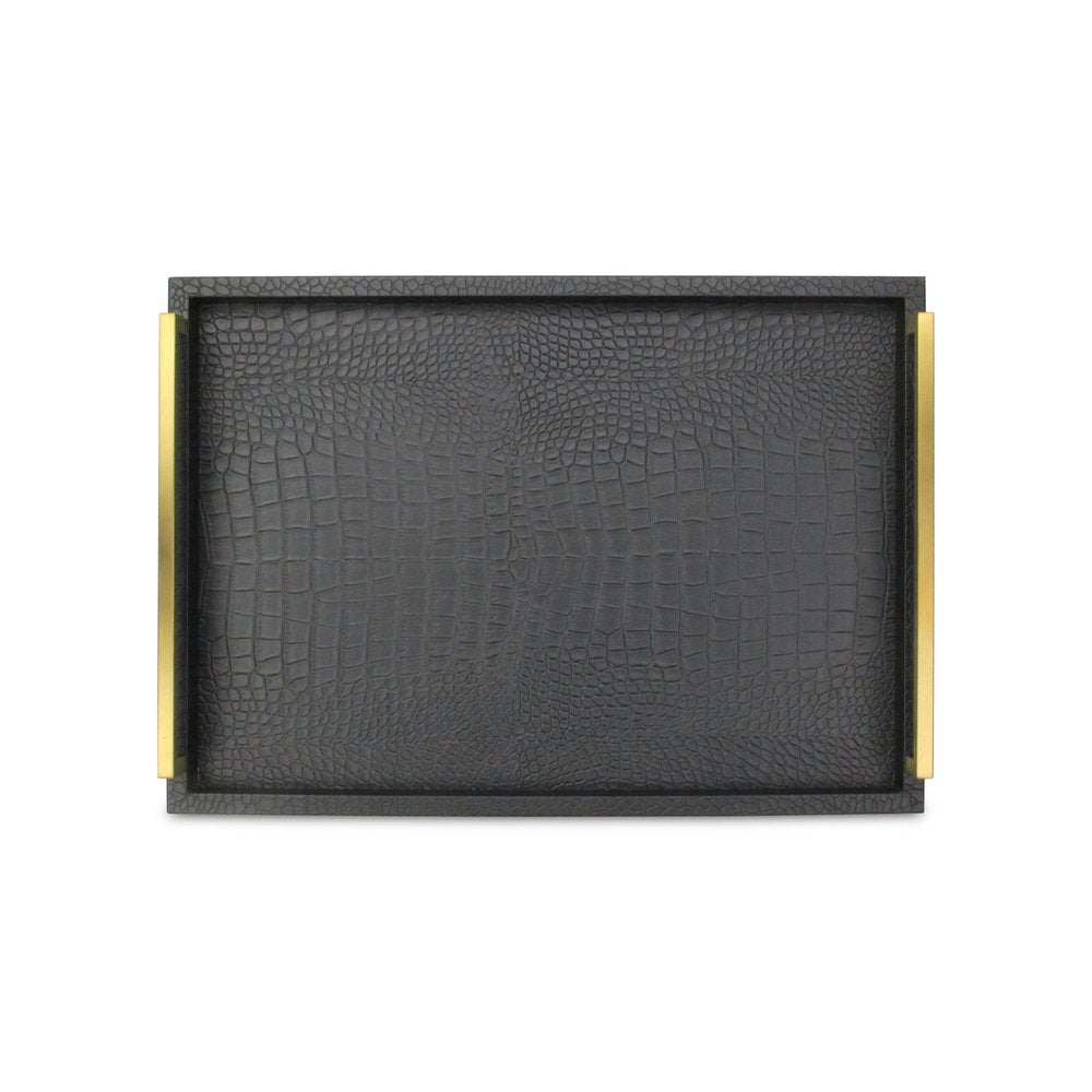 Set of Two Black Wood Faux Croc Serving Trays With Handles