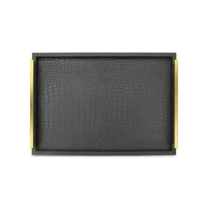 Set of Two Black Wood Faux Croc Serving Trays With Handles
