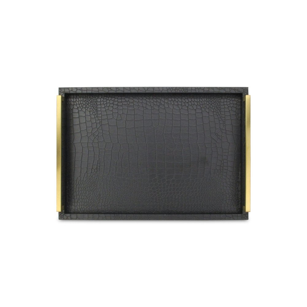 Set of Two Black Wood Faux Croc Serving Trays With Handles