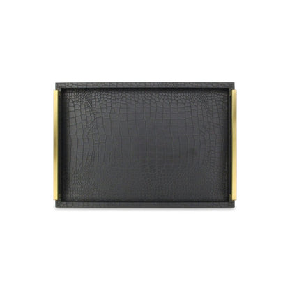 Set of Two Black Wood Faux Croc Serving Trays With Handles