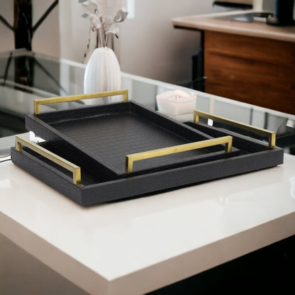 Set of Two Black Wood Faux Croc Serving Trays With Handles