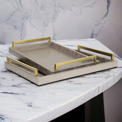Set of Two Taupe Wood Geometric Handmade Serving Trays With Handles