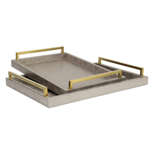 Set of Two Taupe Wood Geometric Handmade Serving Trays With Handles