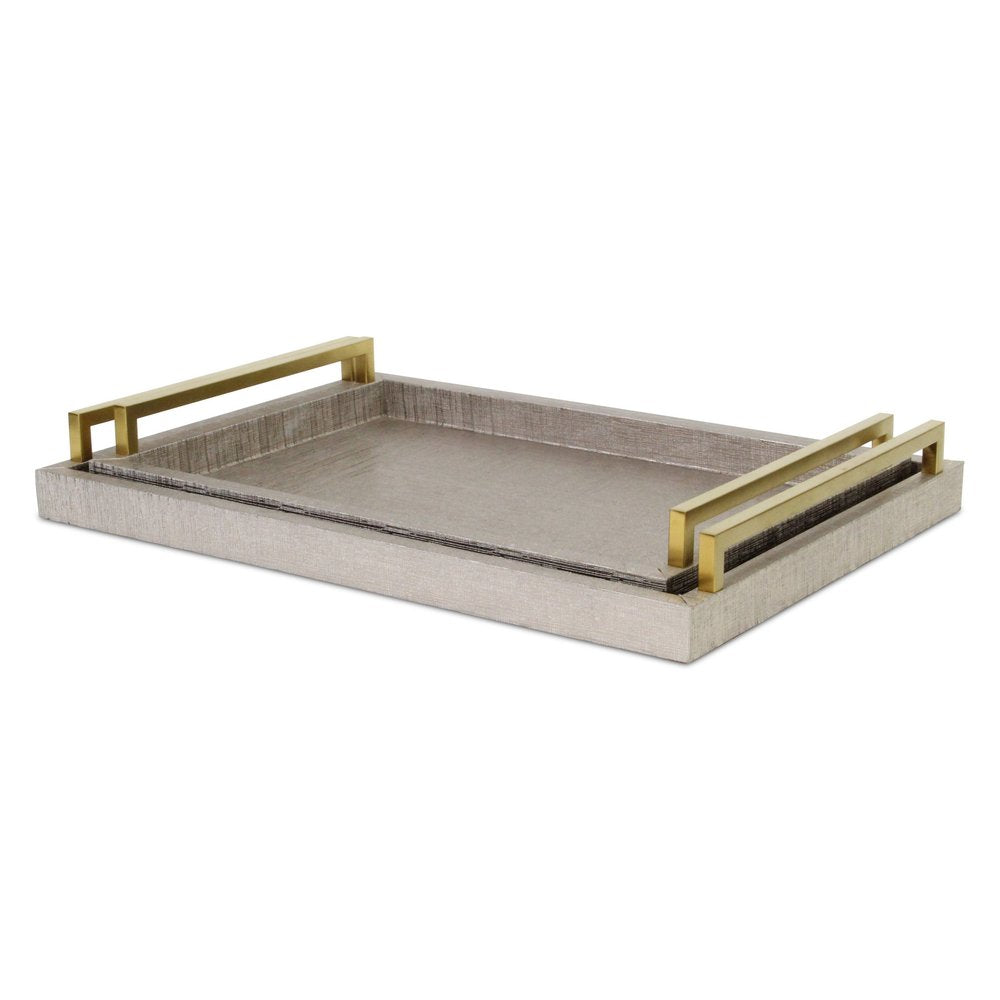 Set of Two Taupe Wood Geometric Handmade Serving Trays With Handles