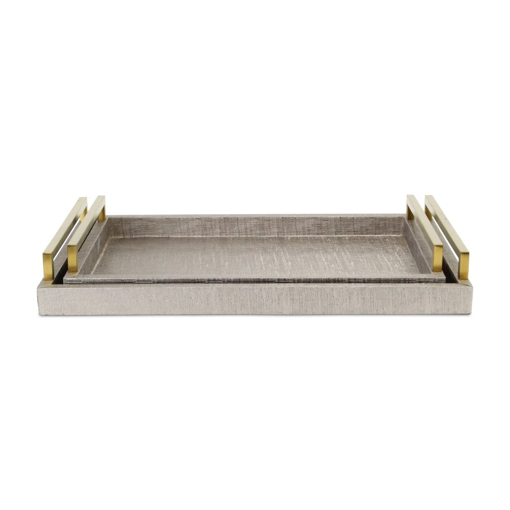 Set of Two Taupe Wood Geometric Handmade Serving Trays With Handles