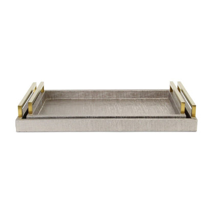 Set of Two Taupe Wood Geometric Handmade Serving Trays With Handles