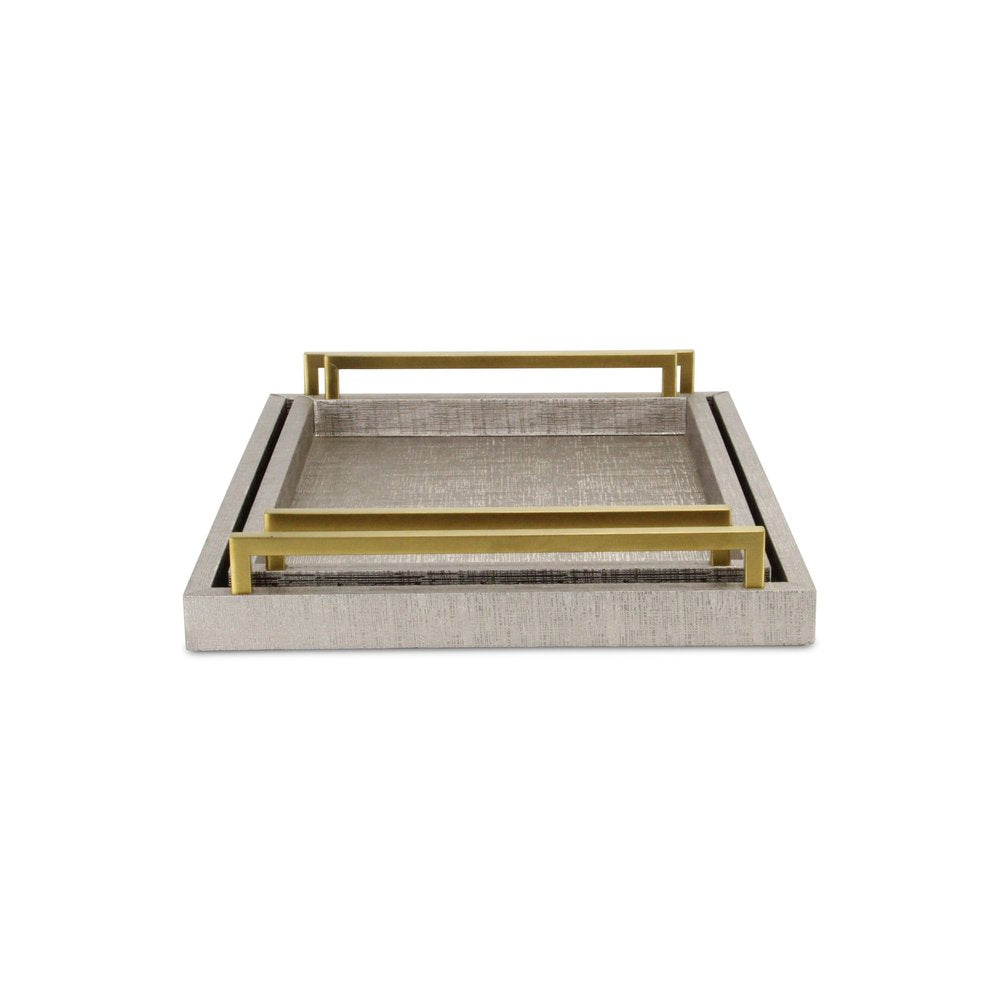 Set of Two Taupe Wood Geometric Handmade Serving Trays With Handles