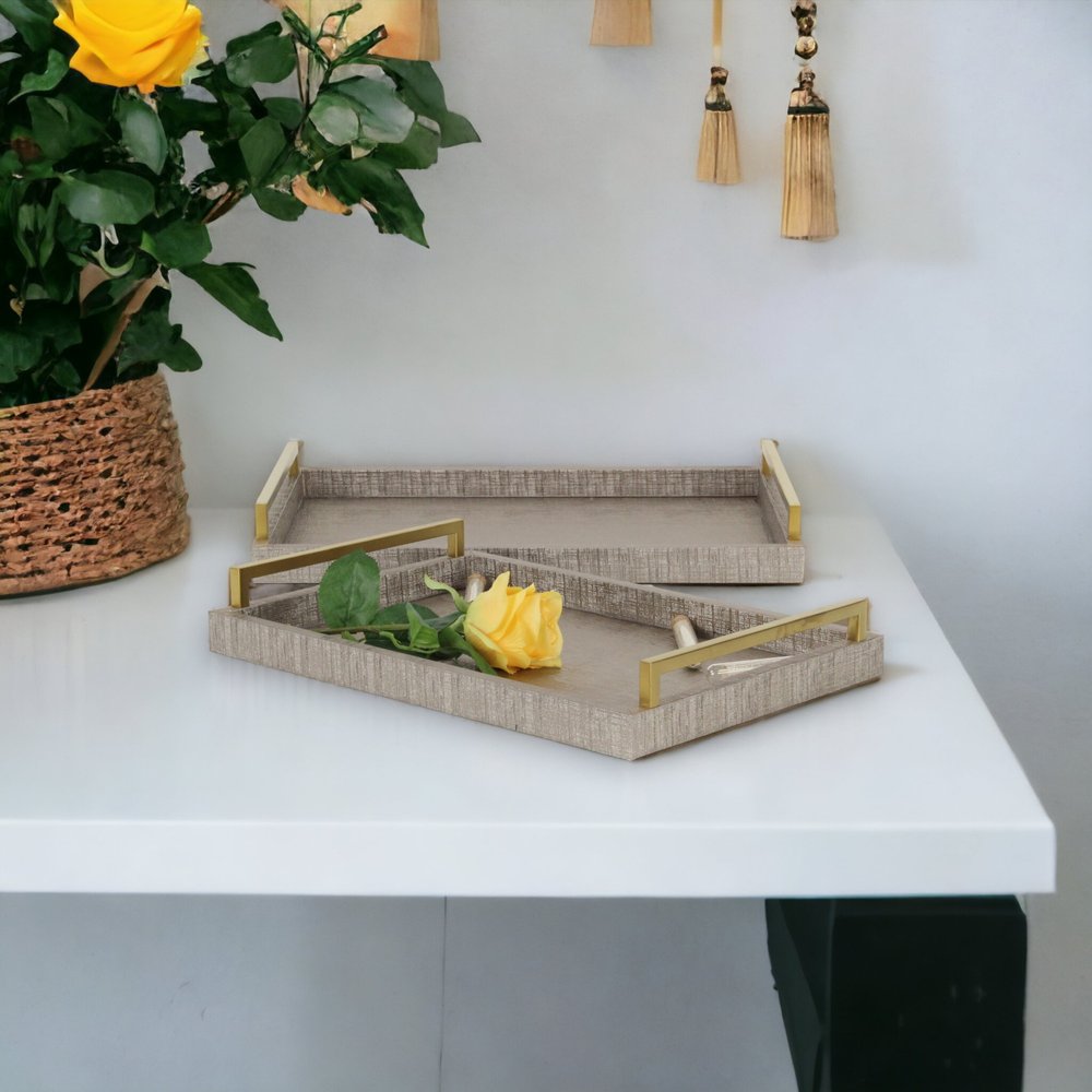 Set of Two Taupe Wood Geometric Handmade Serving Trays With Handles