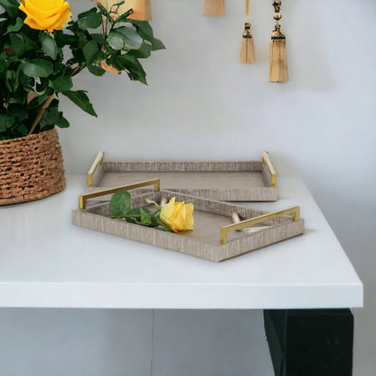 Set of Two Taupe Wood Geometric Handmade Serving Trays With Handles