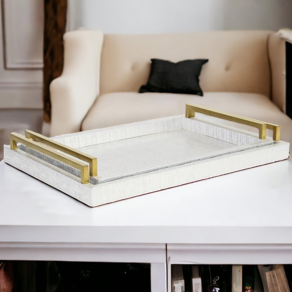Set of Two Silver Wood Geometric Serving Trays With Handles