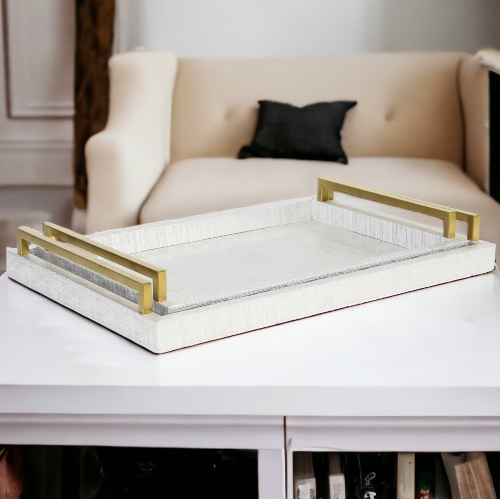 Set of Two Silver Wood Geometric Serving Trays With Handles