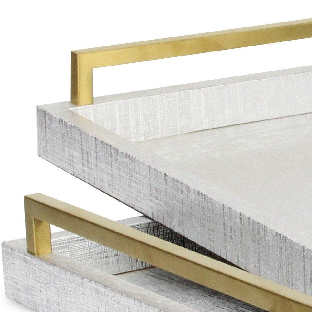 Set of Two Silver Wood Geometric Serving Trays With Handles