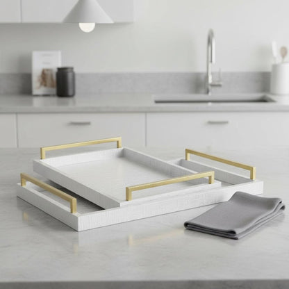 Set of Two Silver Wood Geometric Serving Trays With Handles