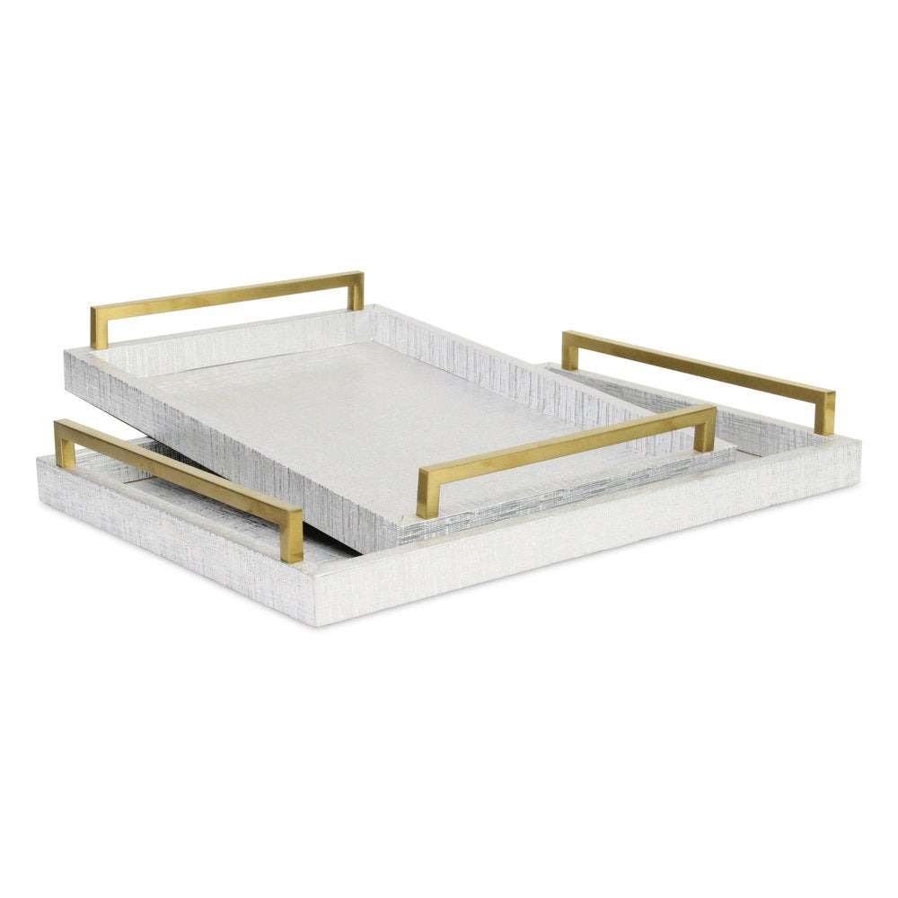 Set of Two Silver Wood Geometric Serving Trays With Handles