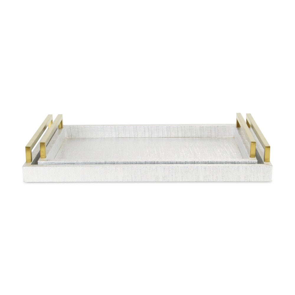 Set of Two Silver Wood Geometric Serving Trays With Handles