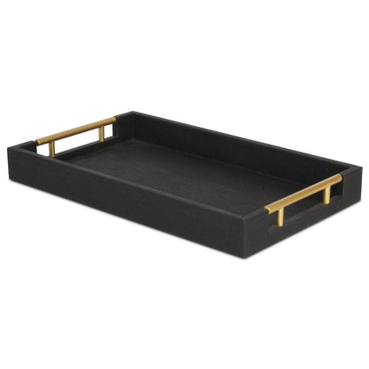 16" Black Wood and Vinyl Faux Shagreen Serving Tray With Gold Handles