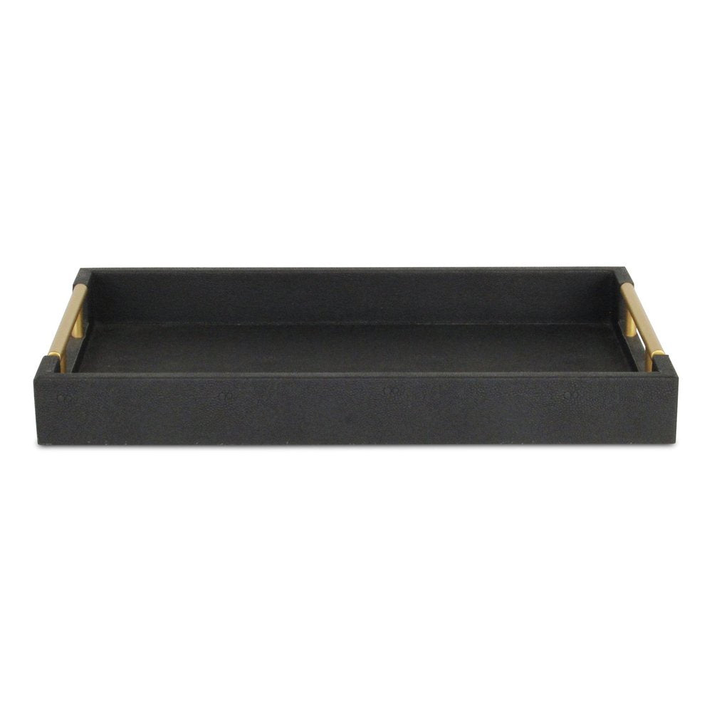 16" Black Wood and Vinyl Faux Shagreen Serving Tray With Gold Handles