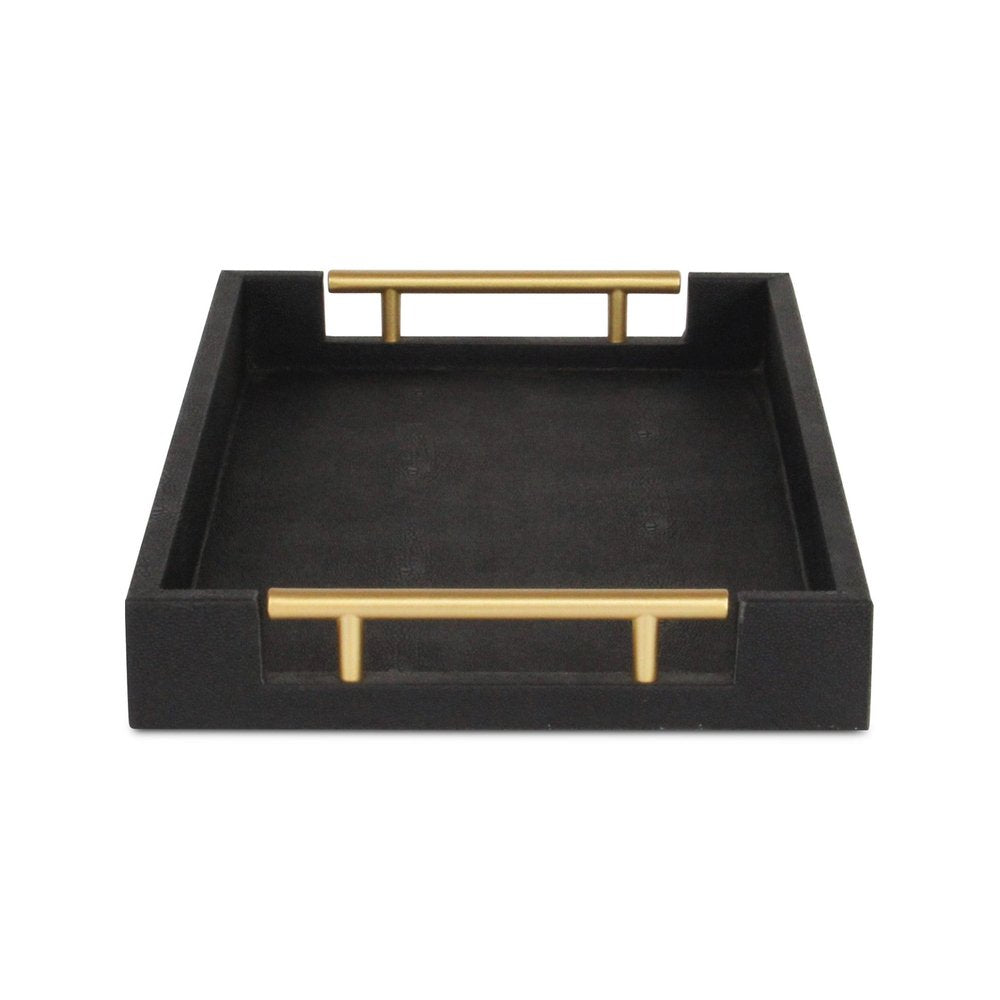 16" Black Wood and Vinyl Faux Shagreen Serving Tray With Gold Handles