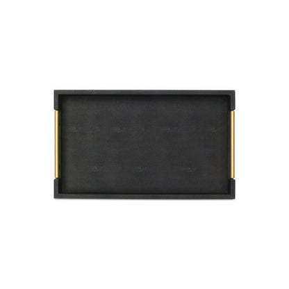 16" Black Wood and Vinyl Faux Shagreen Serving Tray With Gold Handles
