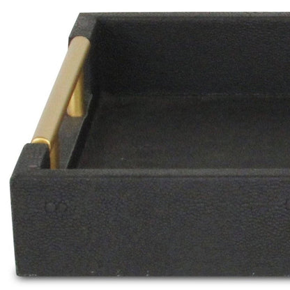 16" Black Wood and Vinyl Faux Shagreen Serving Tray With Gold Handles