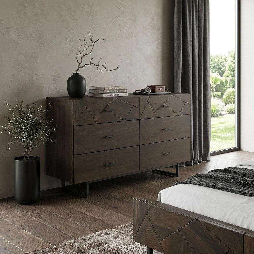 60" Dark Brown Solid Wood Six Drawer Double Dresser