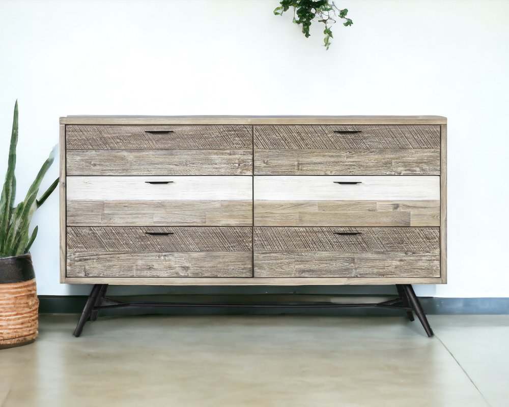 63" Natural and Ivory Solid Wood Six Drawer Double Dresser