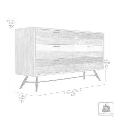 63" Natural and Ivory Solid Wood Six Drawer Double Dresser