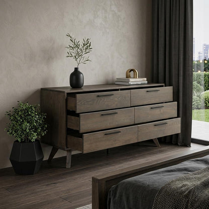 63" Dark Brown Solid Wood Six Drawer Double Dresser
