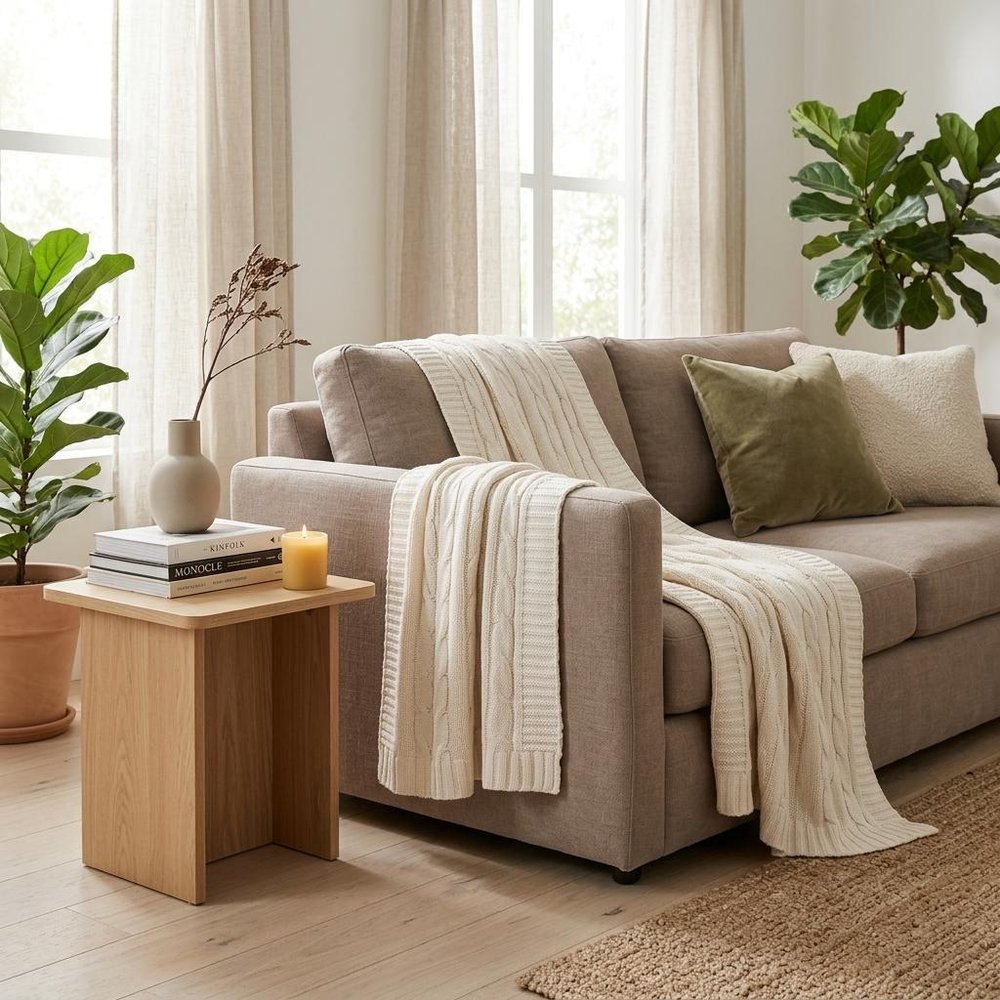 Ivory Knitted 100% Cotton Throw Blanket