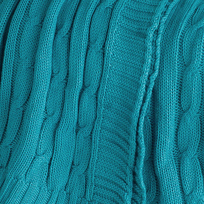50" X 60" Teal Blue Cotton Cable Knitted Striped Throw Blanket