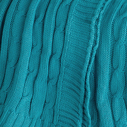 50" X 60" Teal Blue Cotton Cable Knitted Striped Throw Blanket