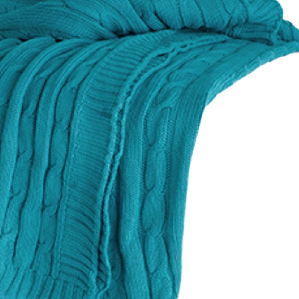 50" X 60" Teal Blue Cotton Cable Knitted Striped Throw Blanket