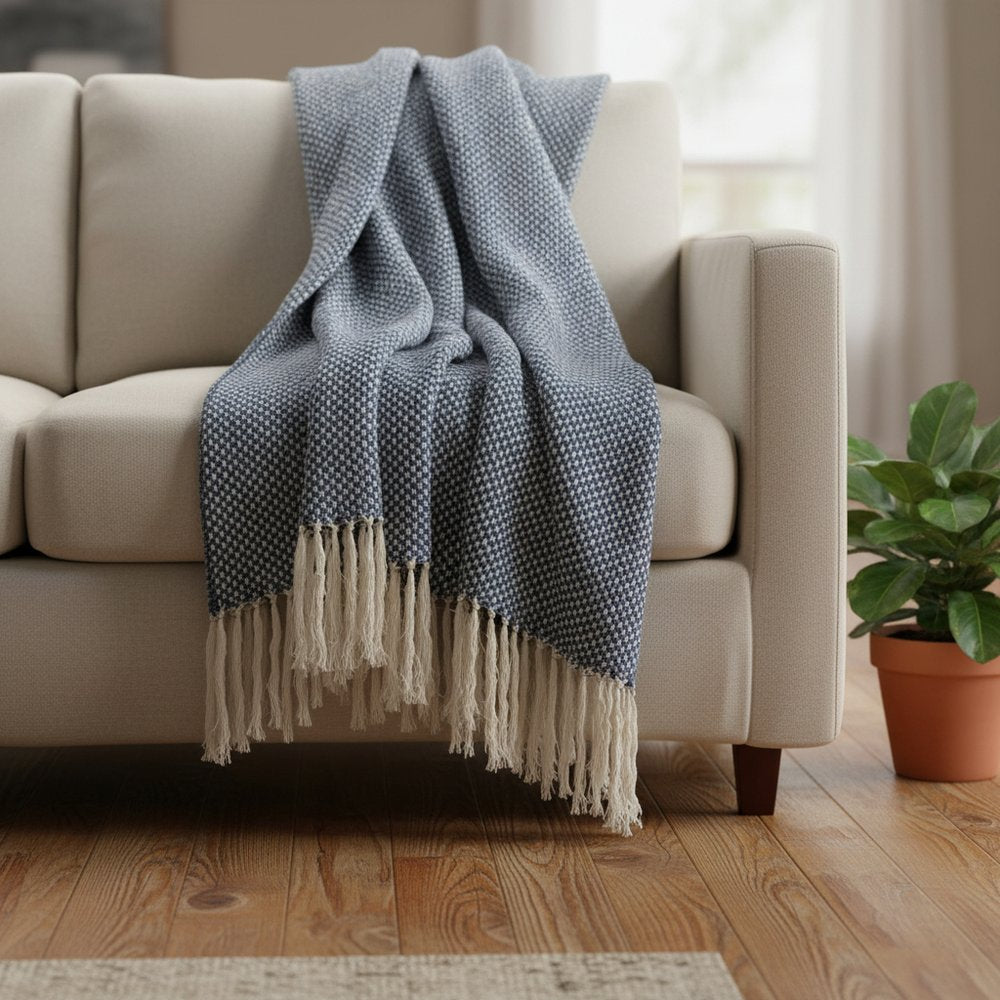 50" X 60" Navy and Ivory Woven Cotton Polka Dots Throw Blanket with Tassels