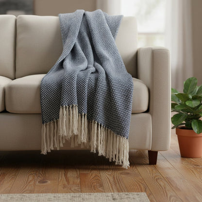 50" X 60" Navy and Ivory Woven Cotton Polka Dots Throw Blanket with Tassels