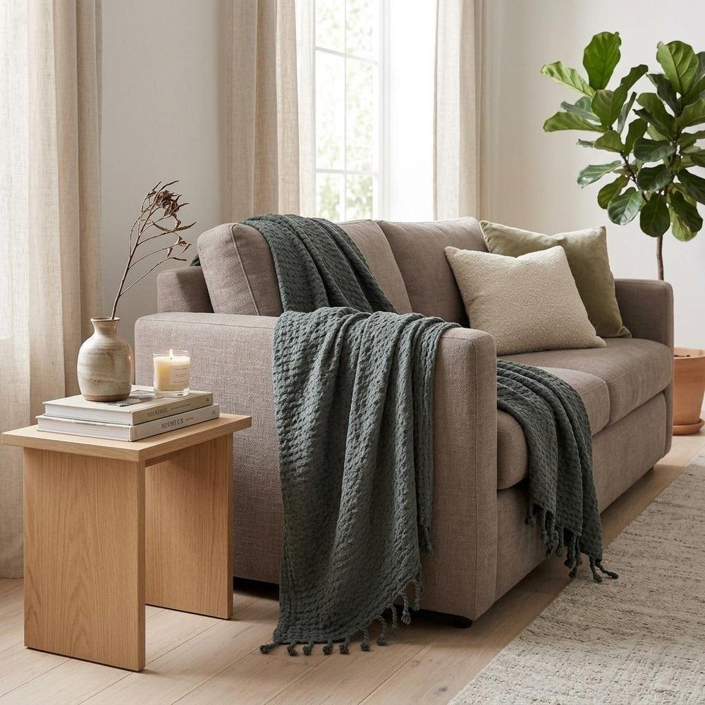 50" X 60" Gray Cotton Knitted Striped Throw Blanket with Tassels