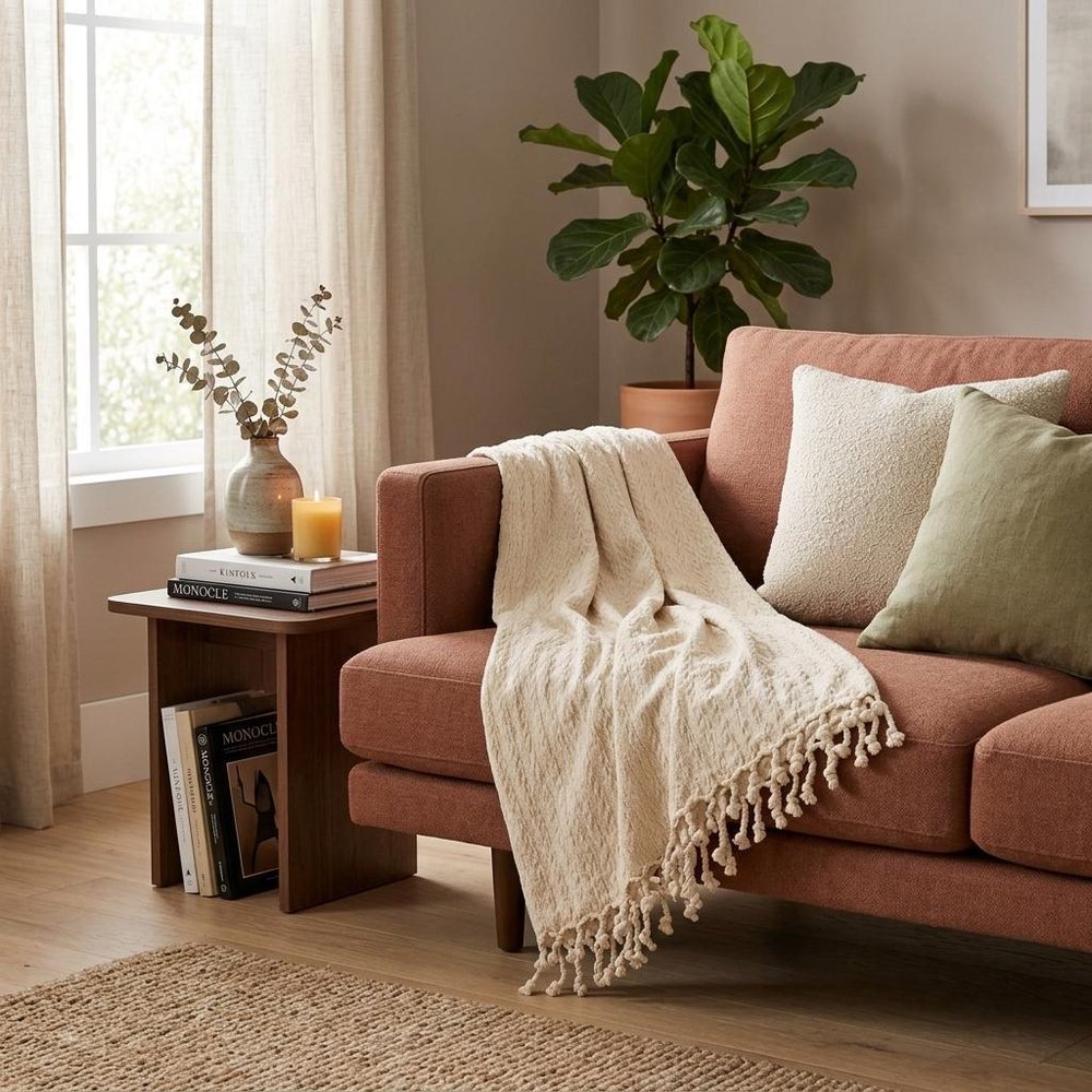 Ivory Knitted 100% Cotton Throw Blanket