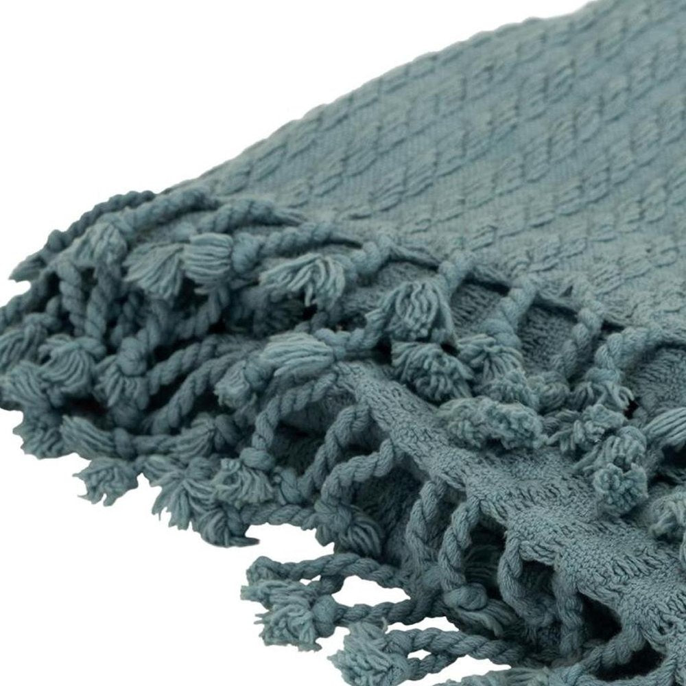 50" X 60" Teal Cotton Cable Knit Throw Blanket with Tassels