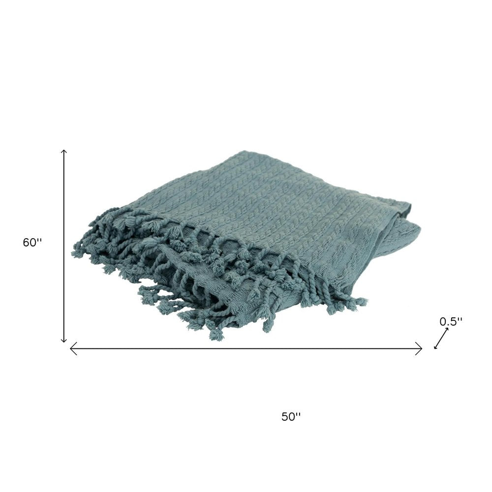 50" X 60" Teal Cotton Cable Knit Throw Blanket with Tassels