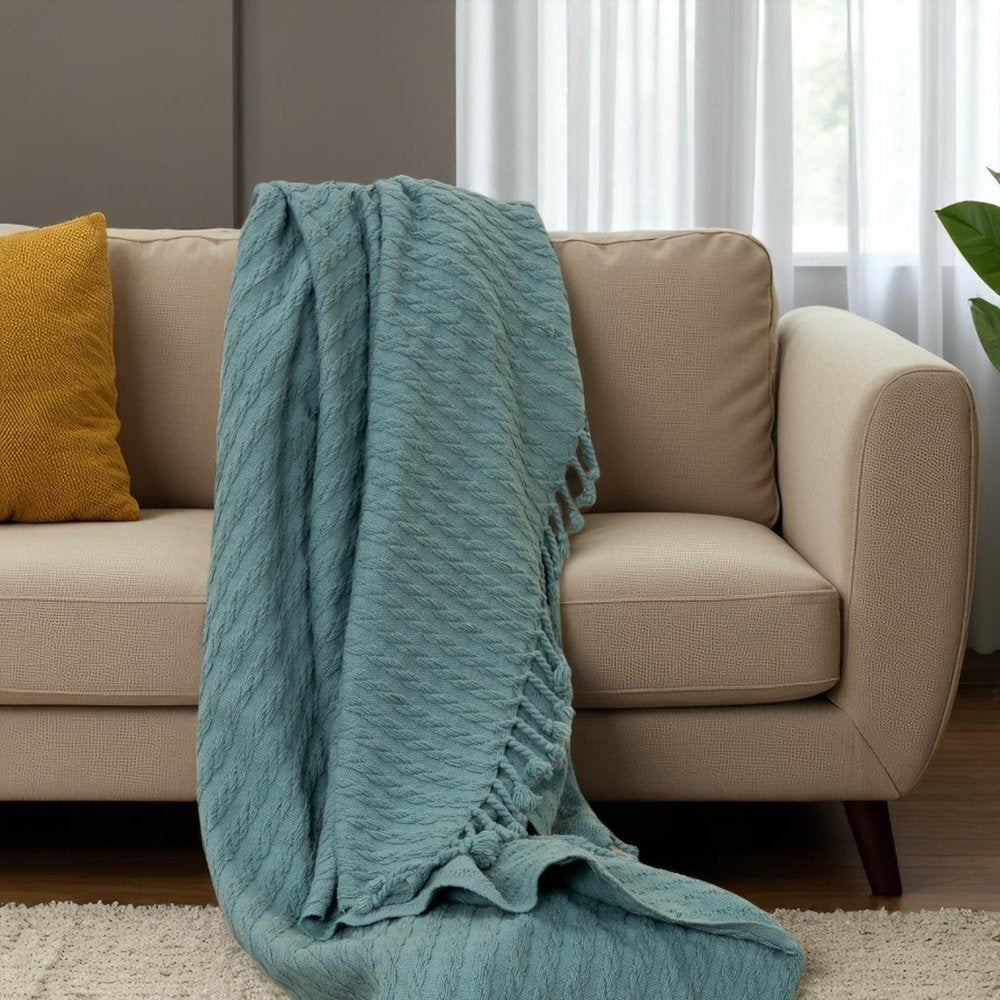 50" X 60" Teal Cotton Cable Knit Throw Blanket with Tassels